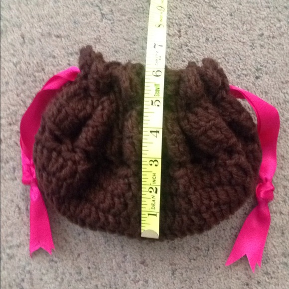 HAND CRAFTED Drawstring Wristlet Baguette Vintage Crochet Brown Pink - Picture 2 of 9